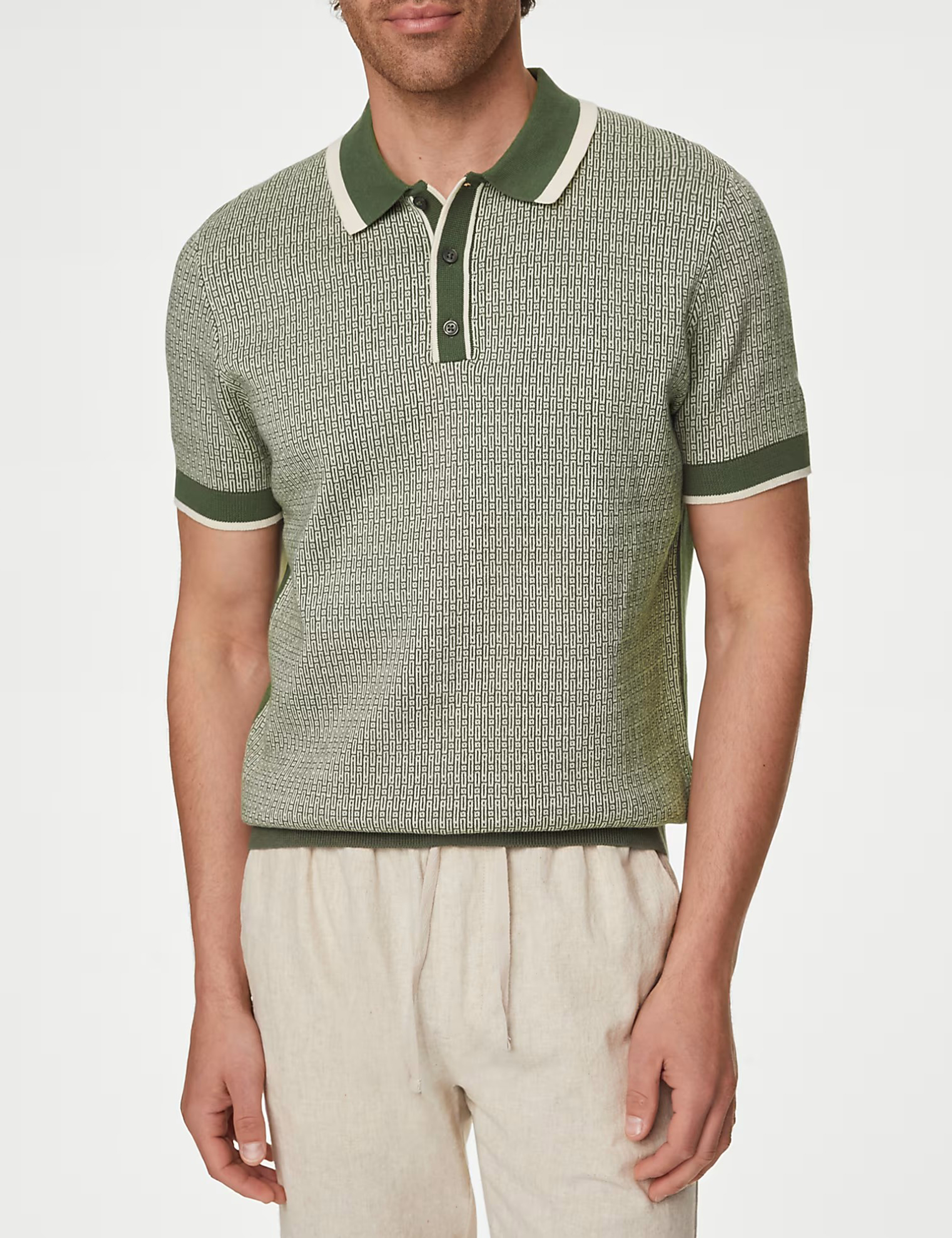 Casual Cotton Rich Geometric Knitted Polo Shirt