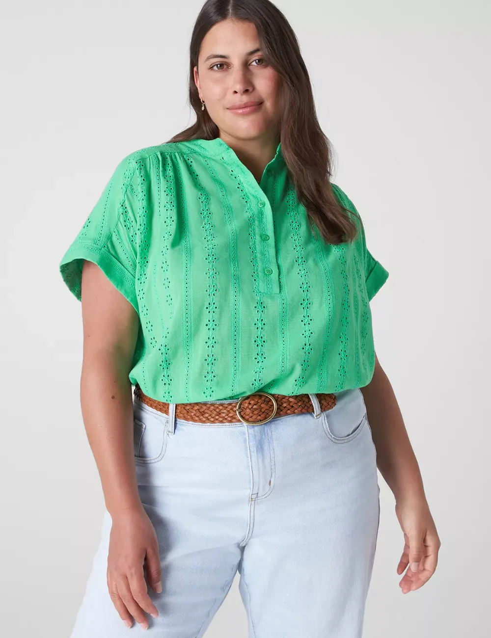 Short-Sleeve Eyelet Popover Blouse