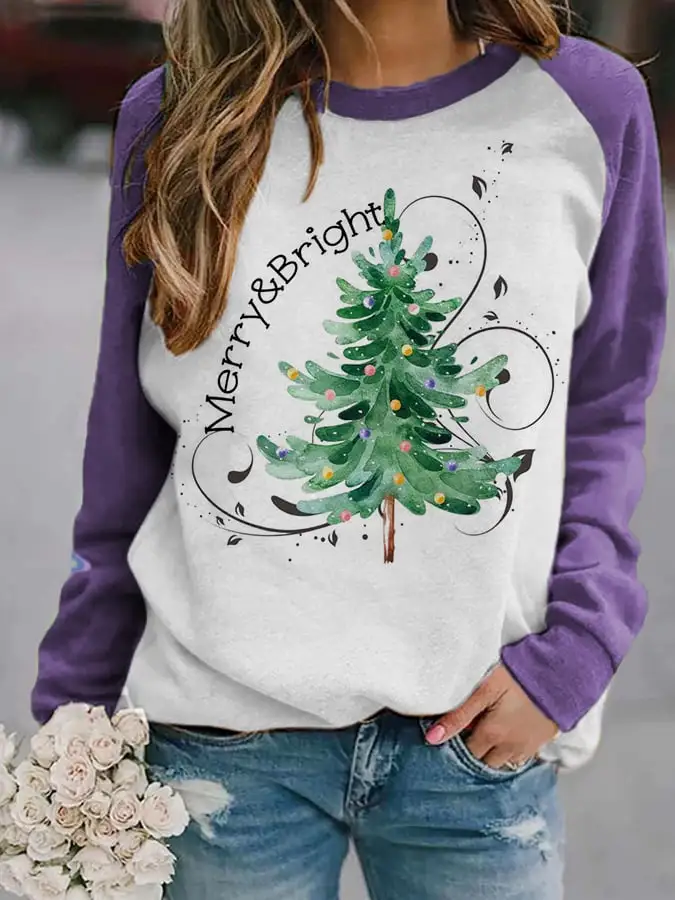 Women's Merry And Bright   Tree🎄 Print Casual Sweatshirt