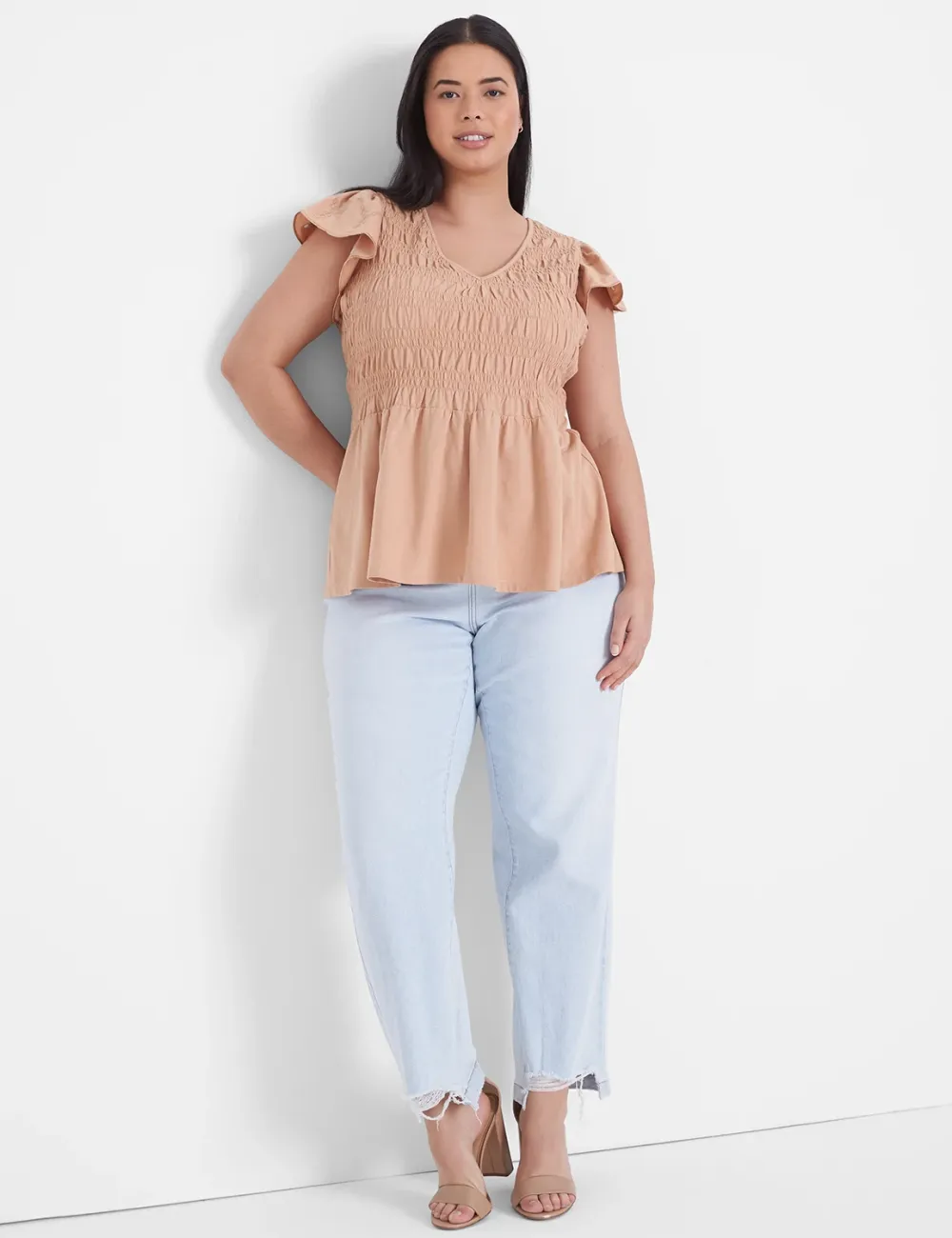 Flutter-Sleeve Smocked Peplum Top