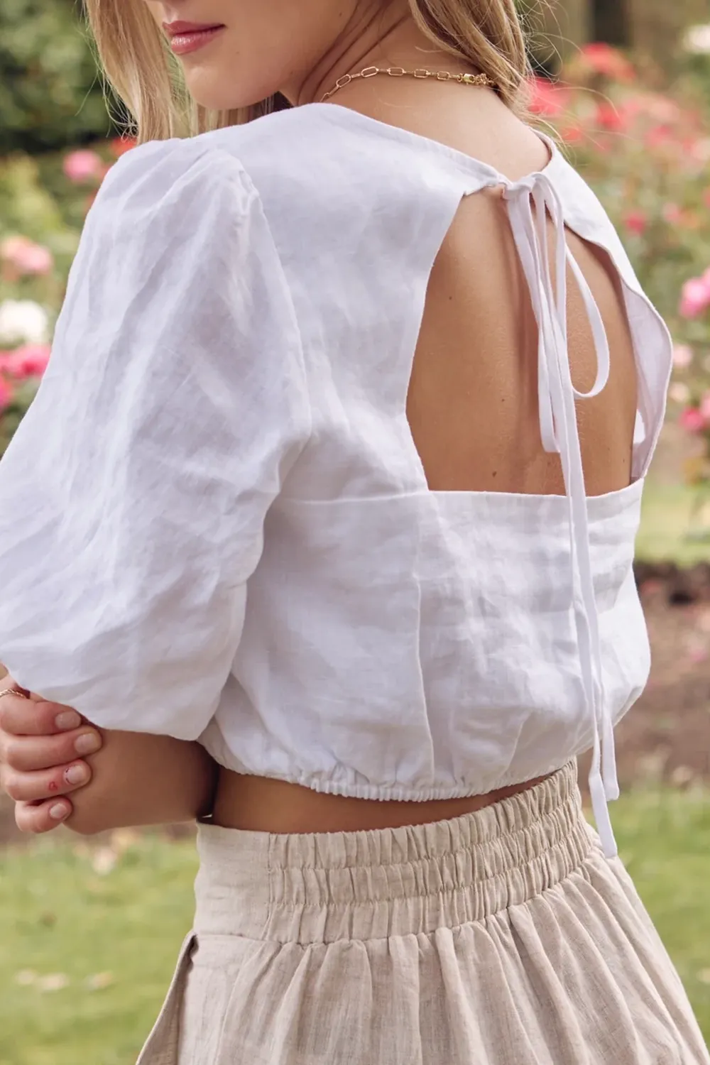 Feeling White Linen Cut Out SS Crop Top