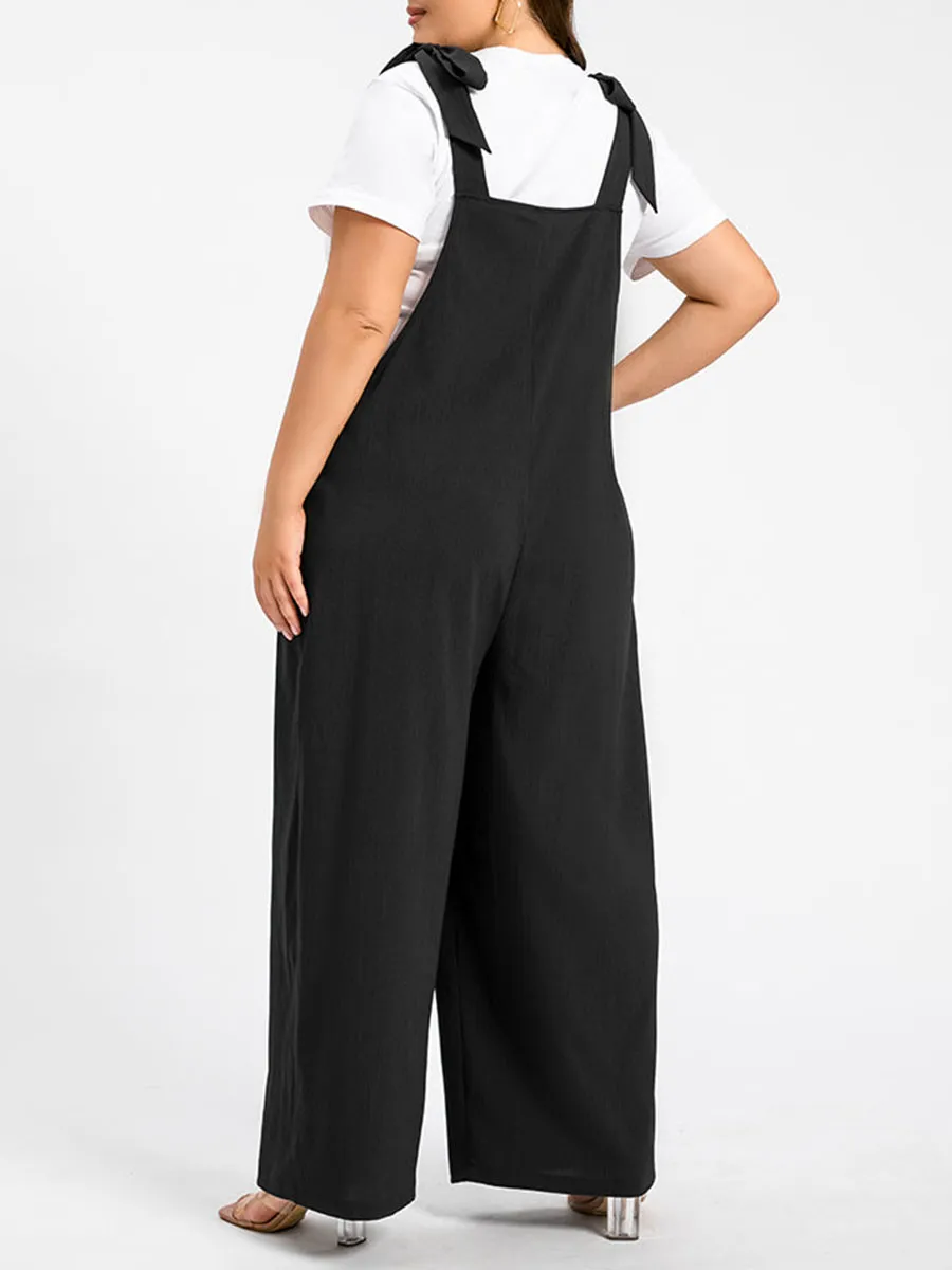 Plus Black Tie Shoulder Pocket Ruched Cami Jumpsuit