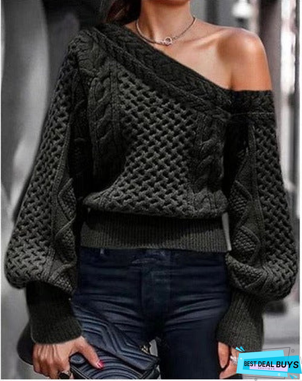 Pullover Inclined Shoulder New O-Neck One-Shoulder Knitted Sweater