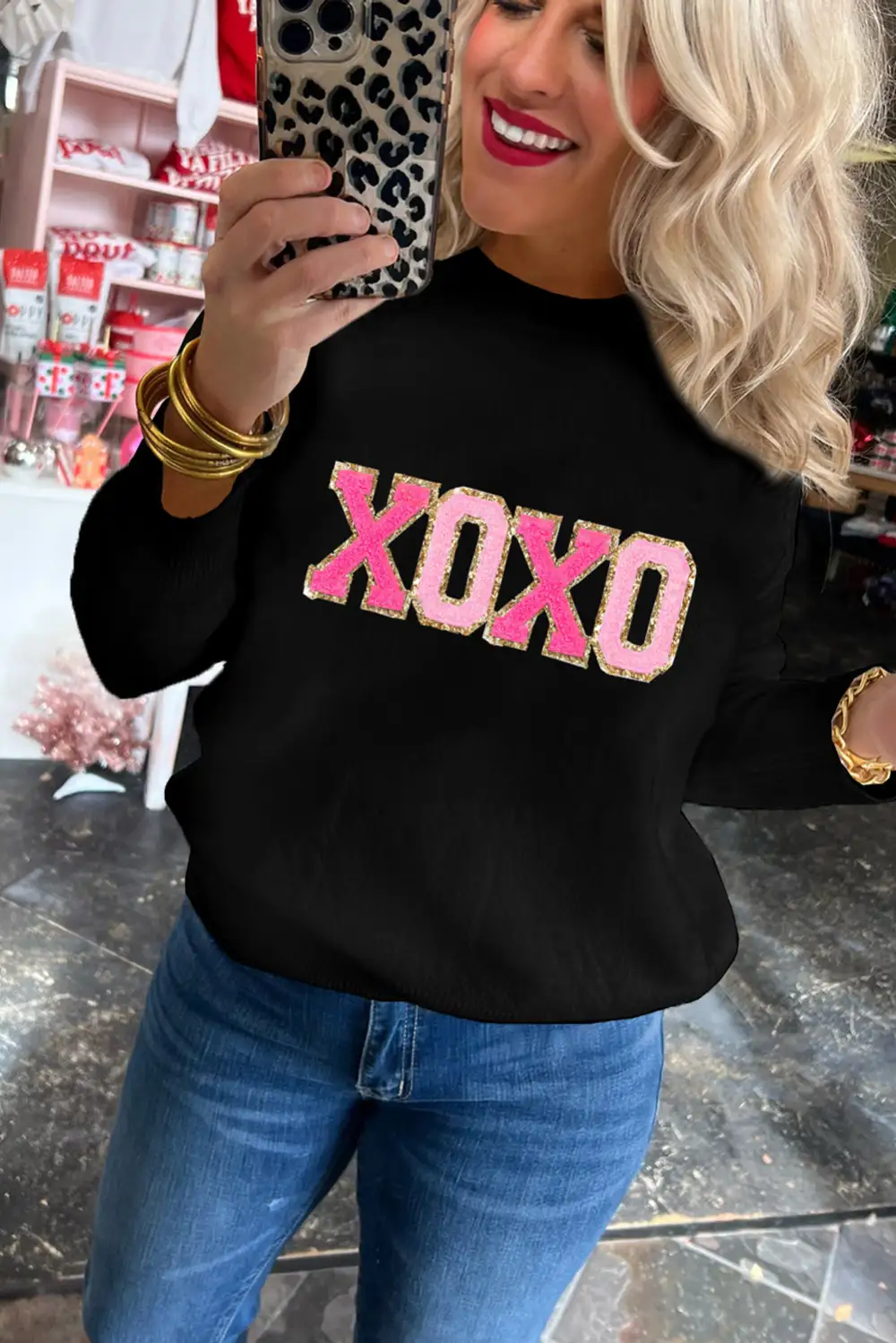 XOXO Glitter Print Round Neck Casual Sweater