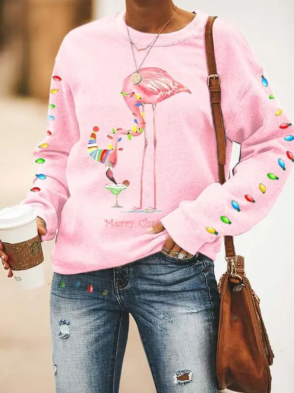 Women's Merry   Flamingo Fun Print Casual Sweatshirt