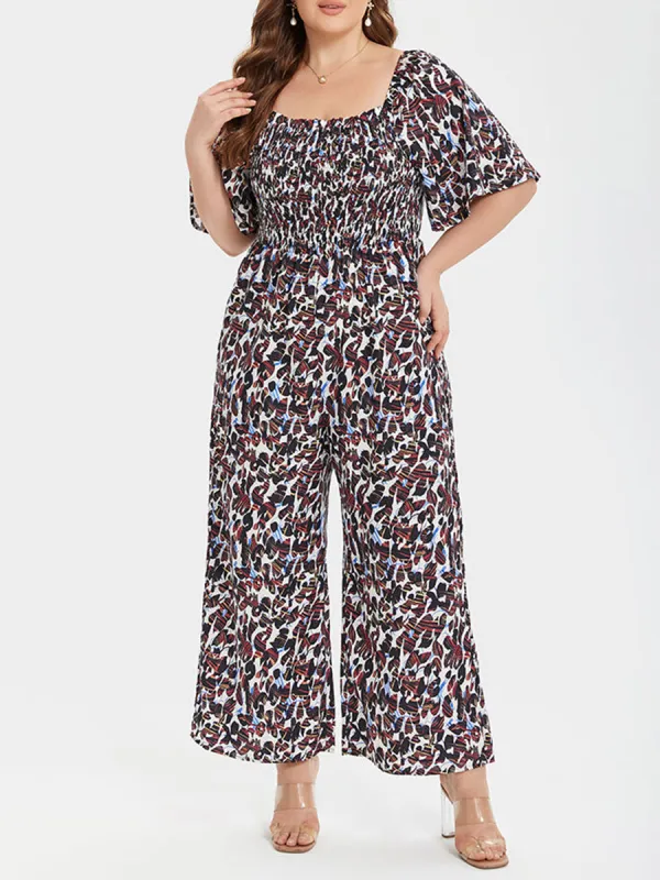 Plus Leopard Square Neck Pocket Elastic Waist Jumpsuits