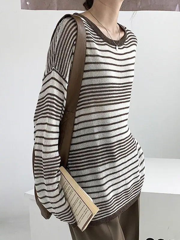 Casual Striped Round-Neck Long Sleeves Knitwear Tops