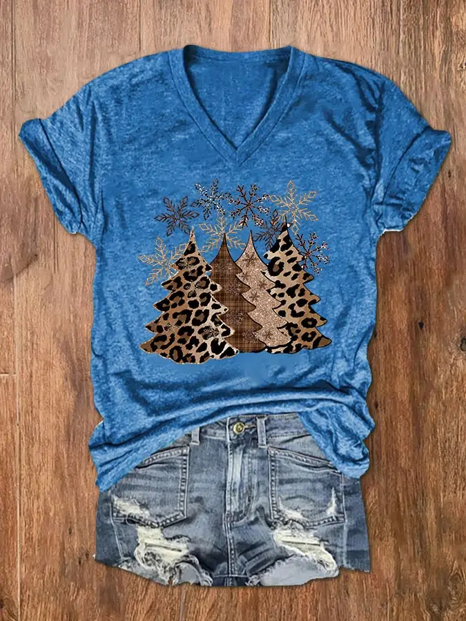 Women's Leopard   Tree Print V-Neck T-Shirt