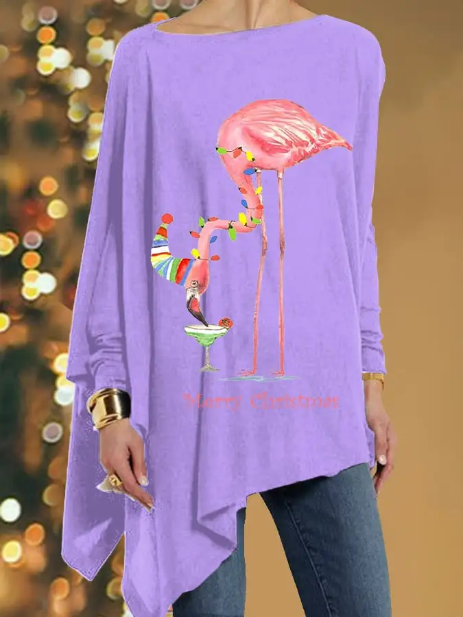 Women's Merry   Flamingo Print Irregular Top