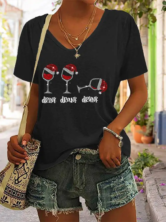 Women's Funny Christmas Drink Drank Drunk Red Wine Glass Casual V-Neck Tee