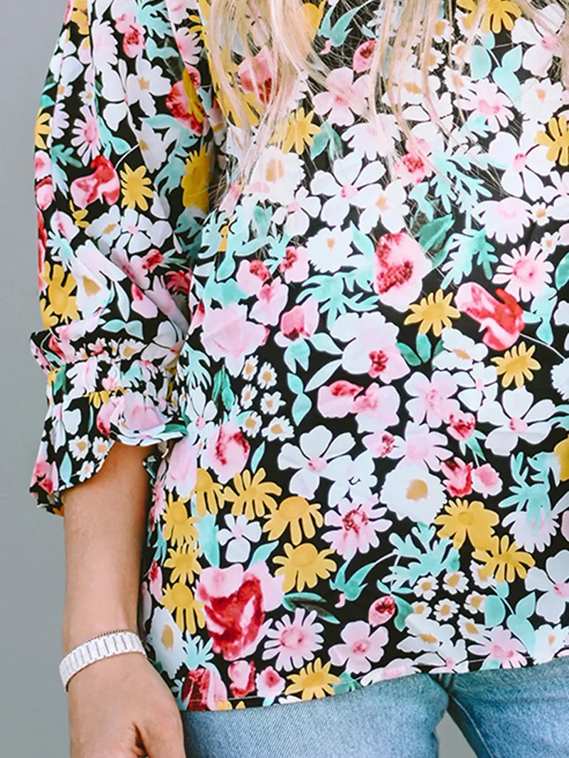 FLORAL NOTCHED V-NECK PUFF SLEEVE BLOUSE