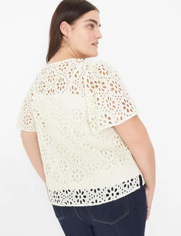 Notch-Neck Sheer Eyelet Top