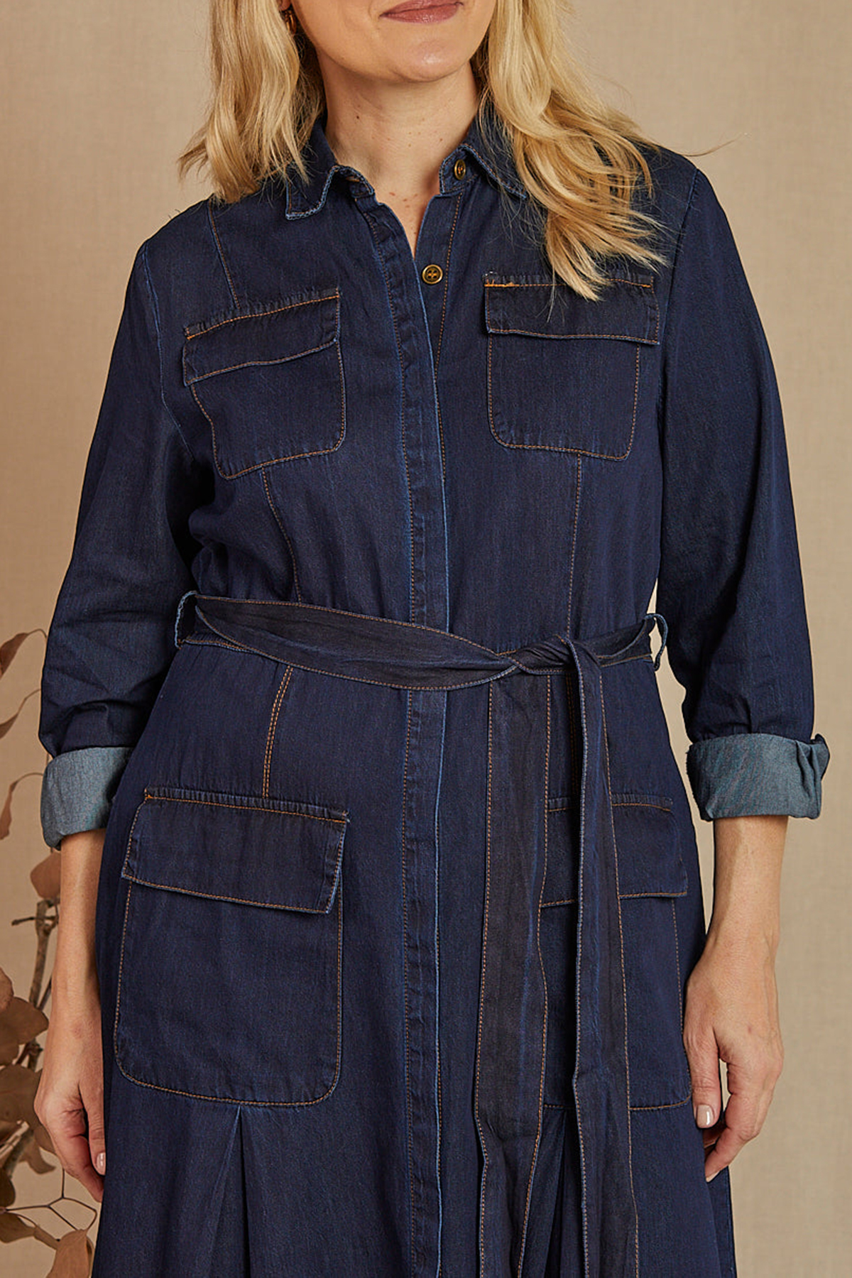 River Chambray Pocket Dress in Dark Wash