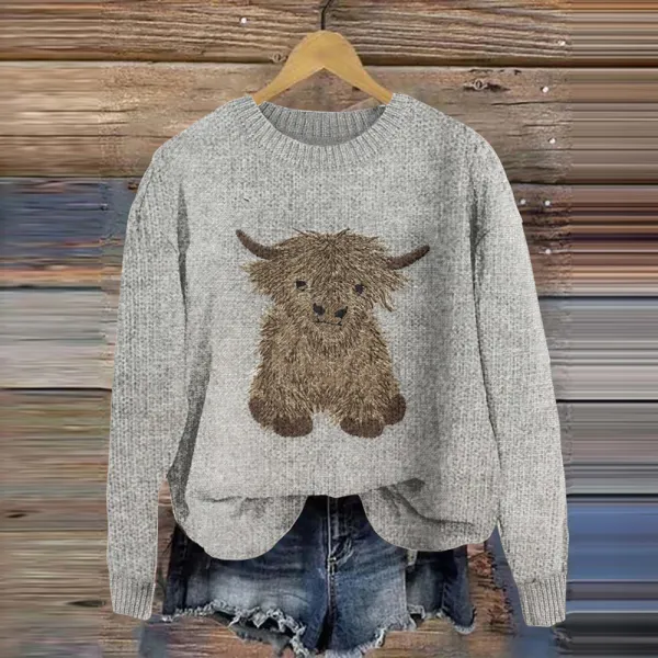 Highland Cow Embroidered Printed Knitted Sweater