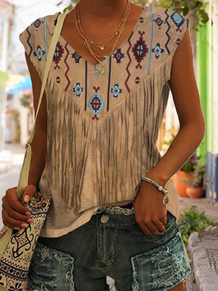 Vintage Western Fringe Print V-Neck Tank Top