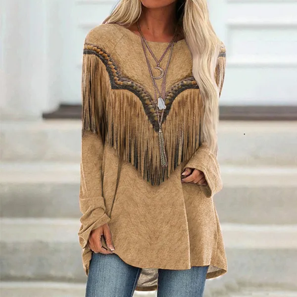 Western Tassels Print Round Neck Long Sleeve Tunic