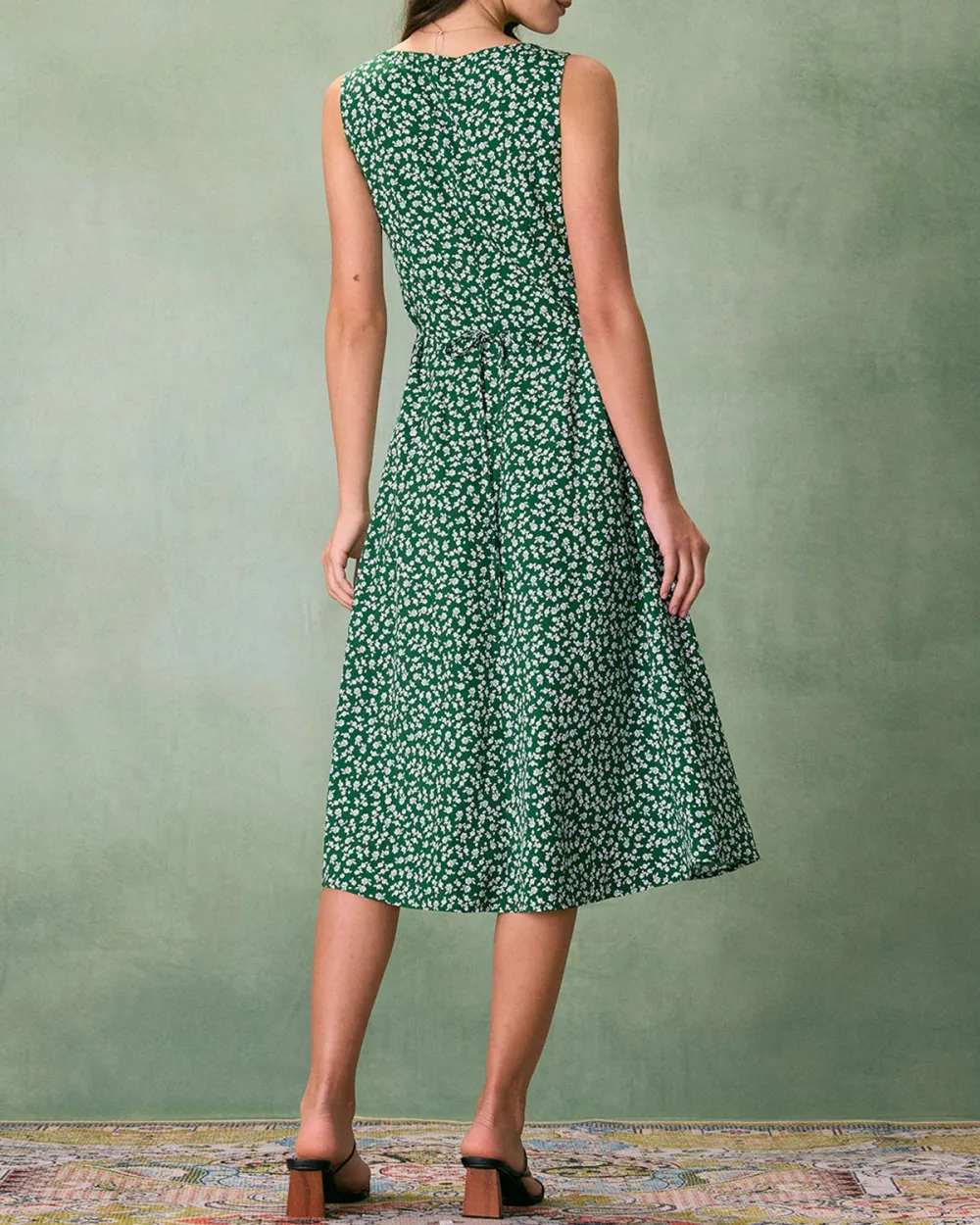 Green V-neck floral dress