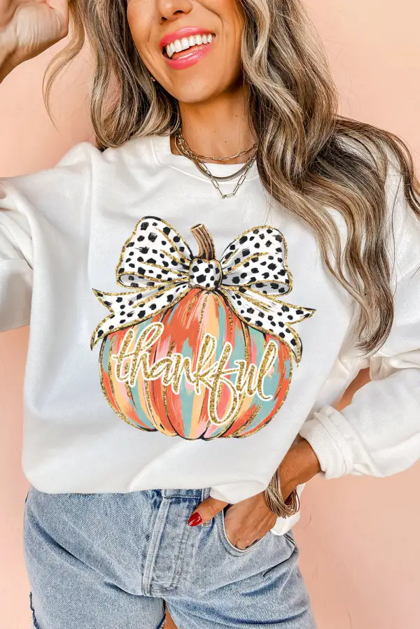 Beige Polka Dot Bow Knot Pumpkin Print Thanksgiving Sweatshirt