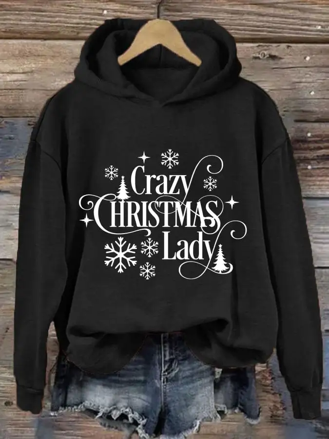 Women's Crazy Christmas Lady Print Casual Hooded Sweatshirt