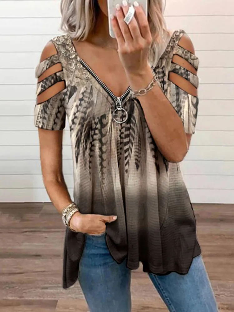 Tribal Feather Printed Zipper Casual T-Shirt