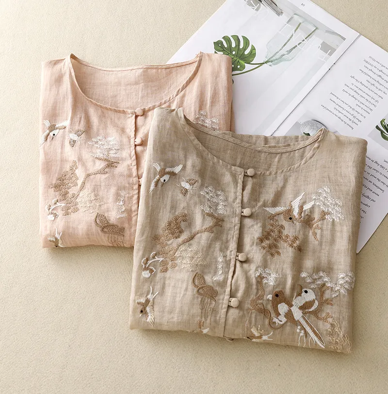 Embroidered Cotton Linen Buckle Texture Top