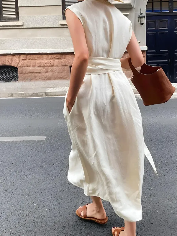 Cotton & Linen Belted Sleeveless Long Dress