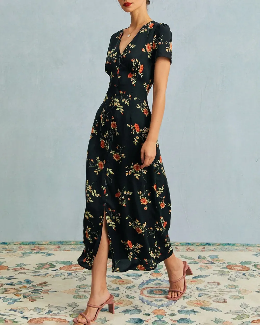 Black V-neck floral dress