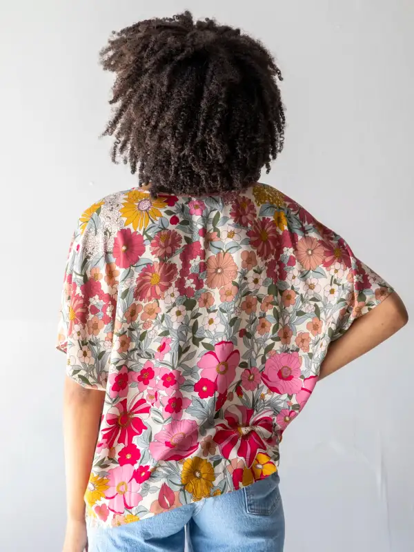 Easy V-Neck Top - Pink Mustard Floral