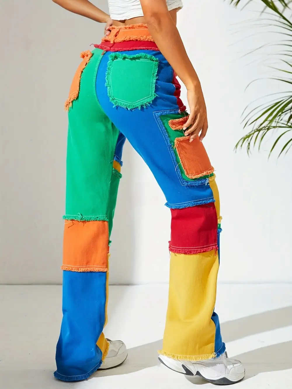 Colorful Stitching High Waist Loose Straight Jeans