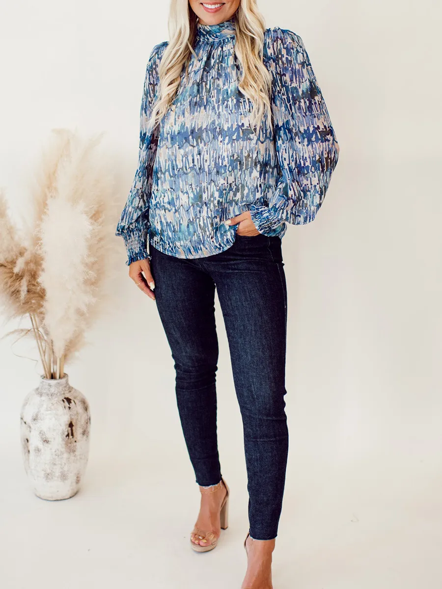 High neck blue abstract pattern shirt