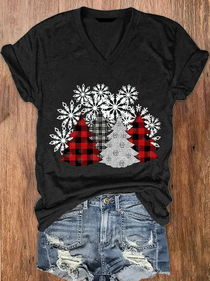 Women's Check   Tree Print V-Neck T-Shirt