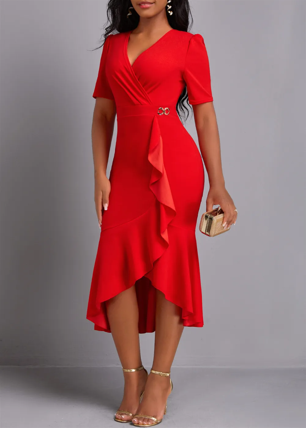 V Neck Red High Low Mermaid Dress