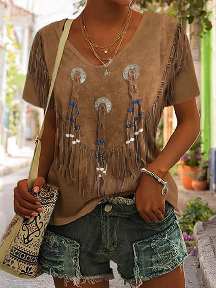 Women's Vintage Tassels Button Art V Neck Casual T-Shirt