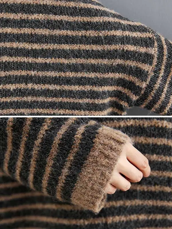 Loose Striped High-Low Heaps Collar Long Sleeves Knitwear