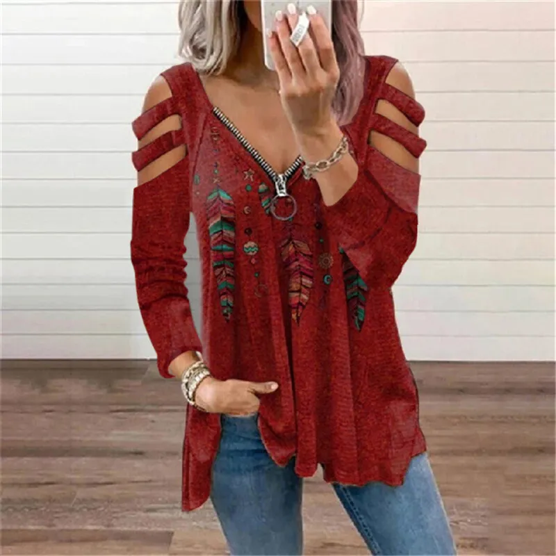 Casual Feather Print Cutout Long Sleeve T-Shirt