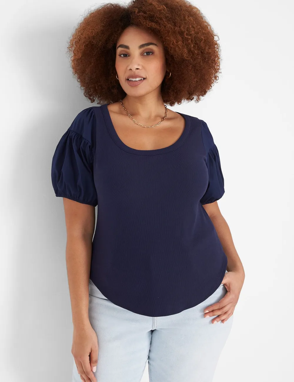 Fitted Woven Puff-Sleeve Rib Top