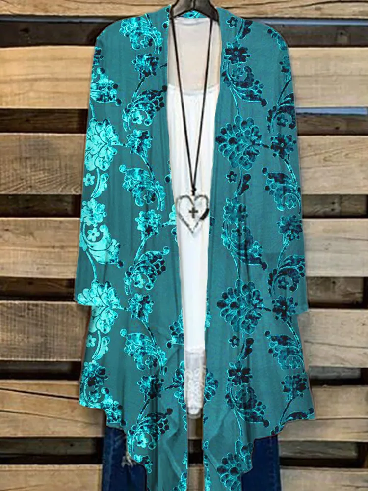 Turquoise Floral Velvet Art Flowy Cardigan