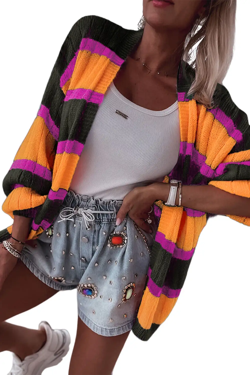 Striped Colorblock Drop Shoulder Slouchy Cardigan