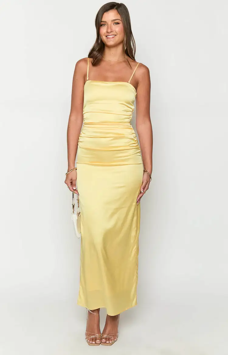 Yellow Bloom Satin Strapless Maxi Dress