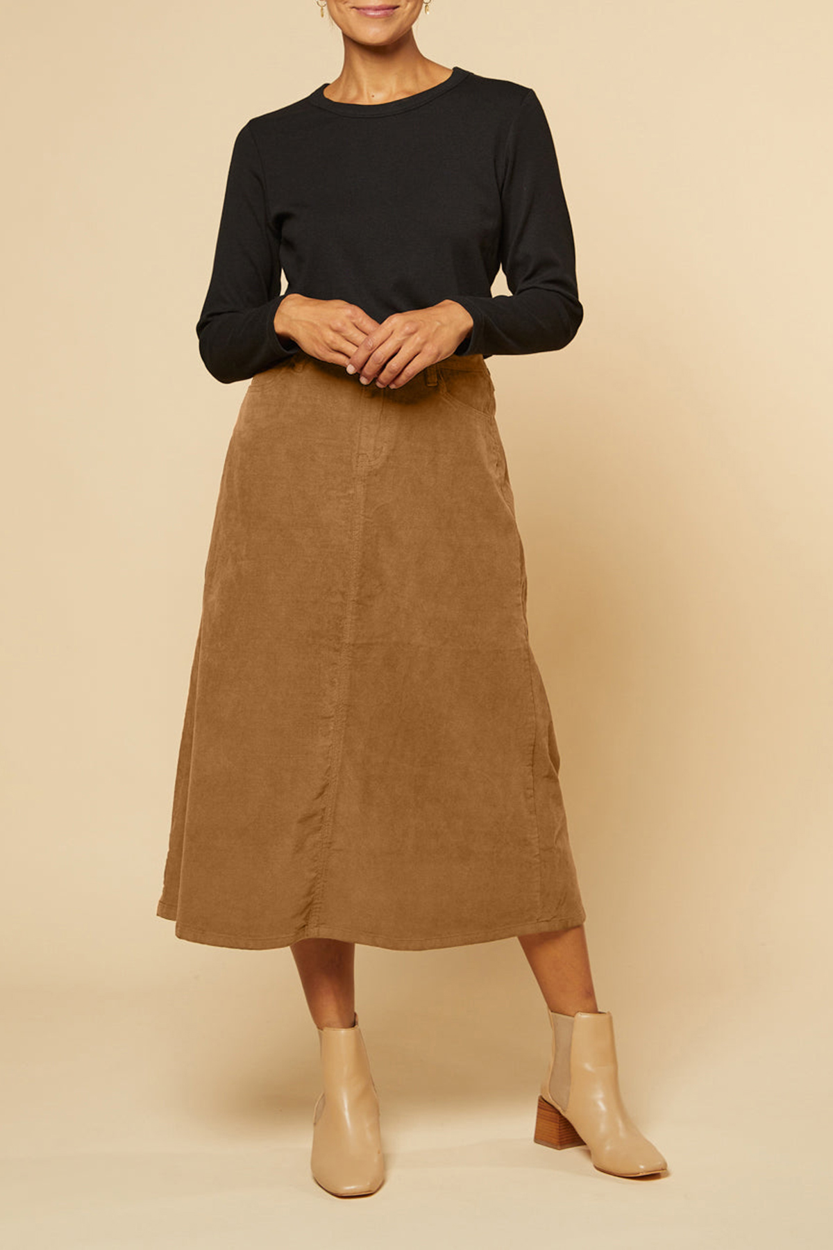 Adrift A-Line Brushed Cotton Skirt in Camel