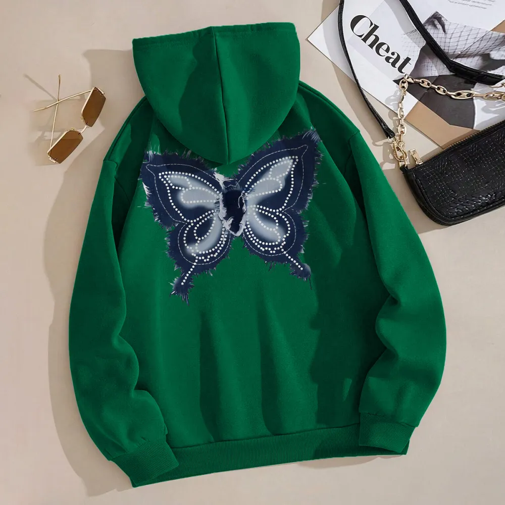 Denim texture butterfly print pattern women's fashion hoodie