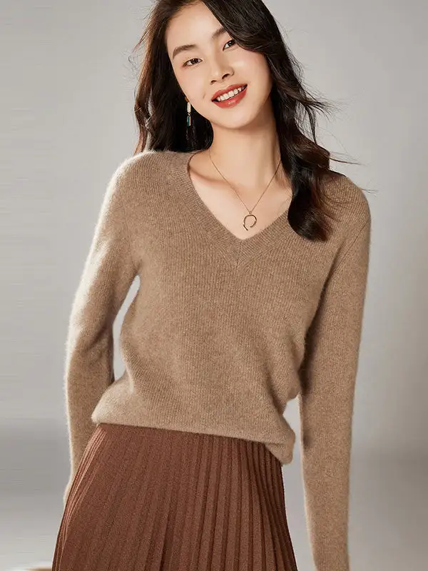 Simple 6 Colors V-Neck Long Sleeves Wool Knitting Sweater