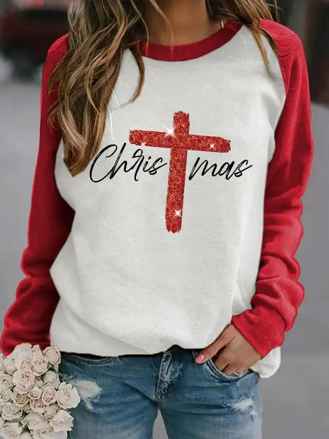 Retro Christmas Faith Cross Print Sweatshirt