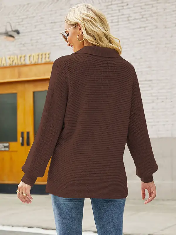 Long Sleeves Solid Color Lapel V-Neck Sweater Tops