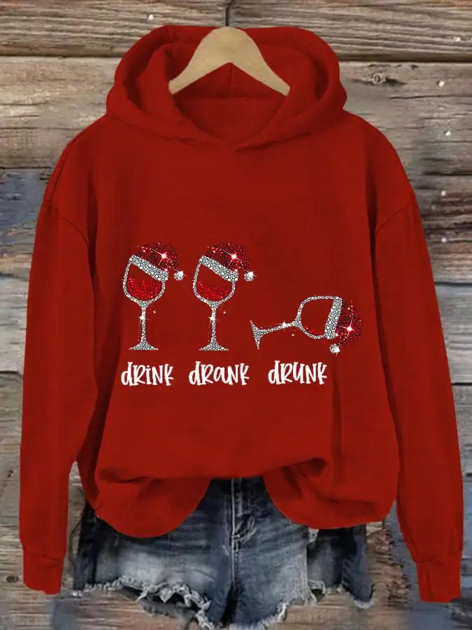 Women's Funny Christmas Drink Drank Drunk Red Wine Glass Casual Hoodie