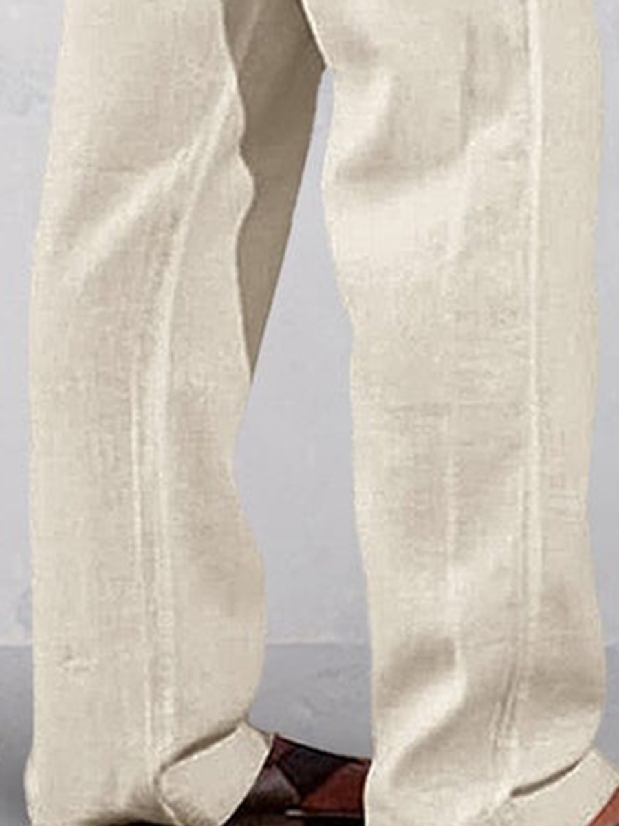 Casual solid color elastic waist cotton and linen straight pants