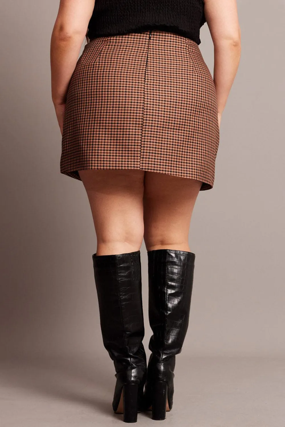 Brown Check Split Mini Skirt