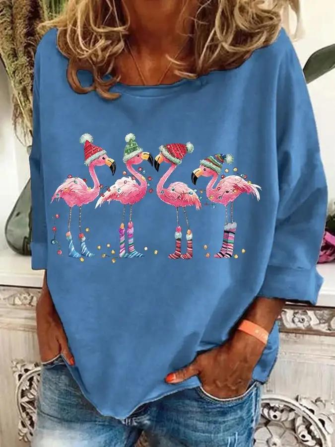 Women's Christmas Flamingo Holiday Print Casual Sweatshirt