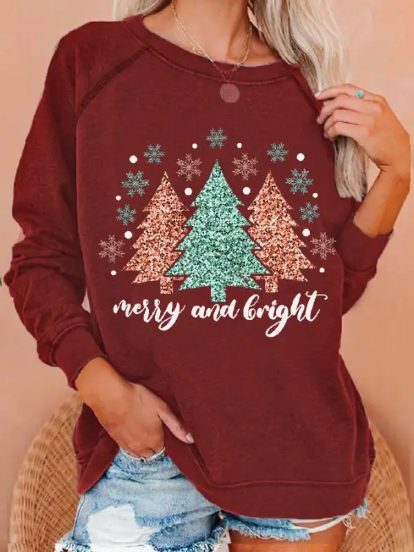 Women's Christmas Merry & Bright Christmas Tree Print Sweatshirt