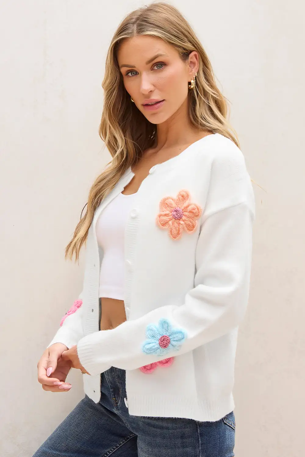 White Cute Knitted Floral Pattern Button Up Cardigan